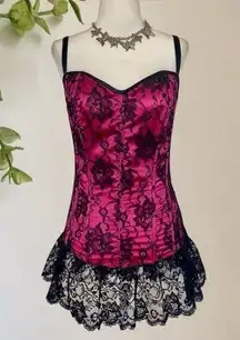 Frederick's of Hollywood  Black Pink Whimsygoth Vintage Pink Lace Corset Top