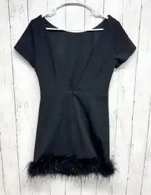 Lulus Dress Women Size Medium Black Backless Feather Trim Short Sleeve Mini