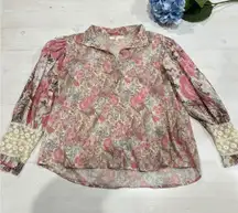 LoveShackFancy Brooke Floral lace Blouse button down Cuff Long‎ Sleeve Top XS