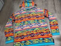 Bua/Bua Aztec Southwestern Bright Colored Thin Hooded Sweater Pullover Medium
