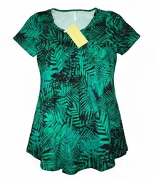 LONGYUAN Women's Green Black Leaf Print Tunic Top Short Sleeve V Neck Size S