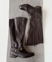 Me Too Arctic Oxblood Dark Brown Leather Tall Riding Boots Gold Details Size 8