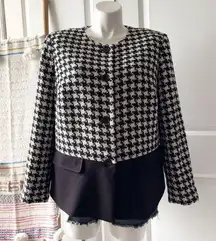 Talbots Black White Houndstooth Wool Blend Crewneck Blazer Jacket Women’s 18 W
