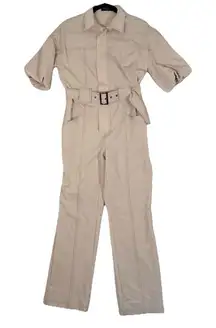 Kittenish Puff Sleeve Utility Belted Jumpsuit Womens Size Small Cream Beige