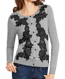 CABI Applique Cardigan 100 Gray Black Crochet Lace Preppy 100% Cotton Sweater S