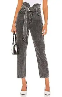 GRLFRND Dee Rumor Has It Washed Black Paperbag Belted High Rise Tapered Jeans 25