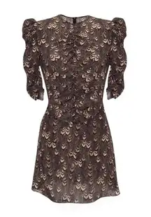 De La Vali Revolve Bambi Mini Dress in Brown/Gold Feather Print Size US 10