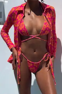 Frankies Bikinis Orange and Pink Terry Hibiscus 3 Piece Bikini Set Size L