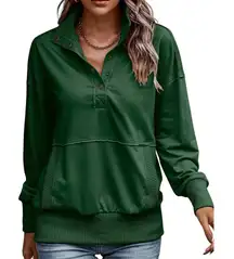 Stand Collar Half-Button Kangaroo Pocket Sweatshirt in Green, Size M​