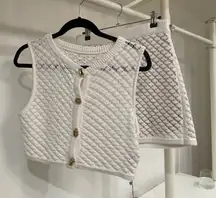 Meshki White Knit Crop Top with Gold Buttons and skirt