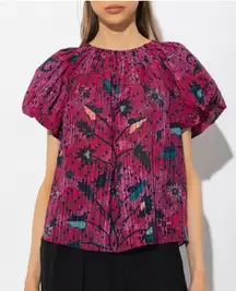 ULLA JOHNSON Pink Floral Flo Top Blouse Size 0 Puff Sleeve Tie Batik Snapdragon‎