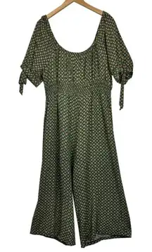 AUW Women's‎ Olive Green Gold Floral Print Wide Leg Crop Jumpsuit Rayon Sz 3X #