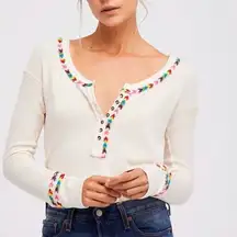 Free People Rainbow Thermal Henley Top Ivory