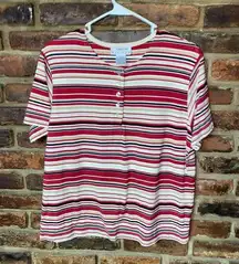 Talbots Striped Short Sleeve Henley Button Top Women's Size PL Petite Large