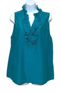 Loft Blue Sleeveless Top Blouse L Ruffles Cotton Silk Classic Chic Career Office