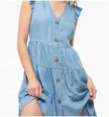 Anthropologie Mine Tiered Mini Dress LARGE Chambray Button Short Sleeve Womens