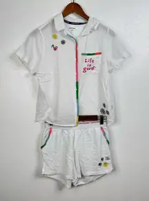 Life is Good Embroidered Two Piece Seersucker Pajama Set Size Small