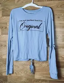 On Fire Size XL Cropped Blue Crewneck Long Sleeved Top with Black Writing