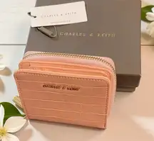Charles & Keith Pink Crocodile Embossed Mini Zip-Around Wallet