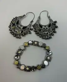 Silver bohemian tone Hoop Earrings w/ Olive Green & Black Enamel 2 3/4" and silv