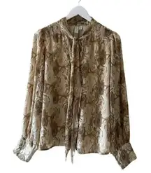Joie PAISLEY PRINTED RETRO BLOUSE Linen IN BROWN Cream SZ L #1955