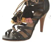 Ulla Johnson Tassel Accent Heels Sandals Women's 37 Black Brown Strappy