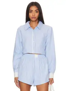 SNDYS Darian Blue White Striped Cropped Long Sleeve Top Shorts Set S