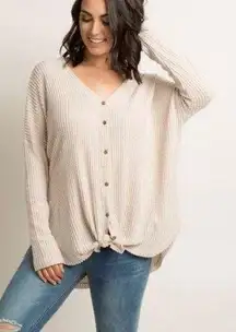 Wishlist  Waffle Knit Oversized Cream Tie Front Button Up Top