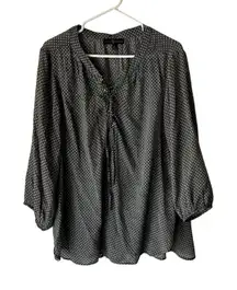 Fred David Blouse‎ Womens 1X Gray White Polka Dot Long Sleeve Lace Up Top Plus