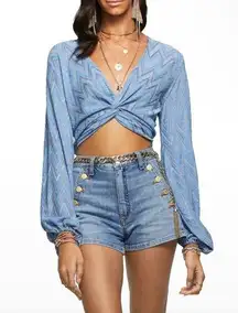 Ramy Brook Chevron Dakota Twist Metallic Twist Front Crop Top Blue Size Small