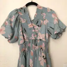 Blue and pink floral jumpsuit puff sleeve shirred Elastic Waist