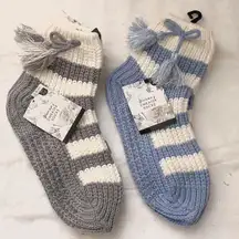 NWT Blue grey white striped knit crew sweater winter cozy socks bow tassels #cottagecore #y2k
