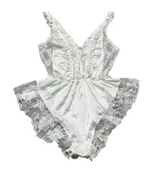 Vintage Tosca Lingerie Teddy Silky White Nylon Pink Rib Ruffle Lace Size Small