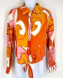 NWT Rachel‎ Zoe Floral Linen Cropped Button Down Shirt Orange Small Tie Front