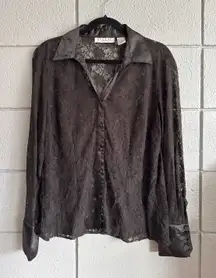 Vintage Y2K Women's Satin Lace Button Front Mesh Top size XL Whimsigoth Witchy