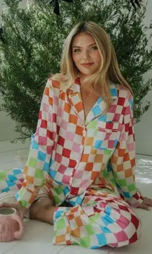 Show Me Your Mumu NEW NWT  Classic PJ Set In Rainbow Multi Checker Silky