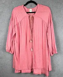 Free‎ People Womens Just A Henley Top Medium Pink Linen Blend Oversized Split