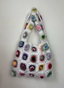 Crochet Granny Square Shoulder Tote Bag Gray Handmade Bohemian White Multicolor