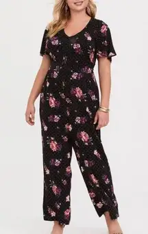 NWT Torrid Black Pink Floral Challis Wide Leg V Neck Flutter Sleeve Jumpsuit 3X