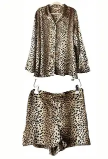 Victoria Secret Satin Cheetah Animal Print Button Up Shirt Short Pj Set XL Sleep