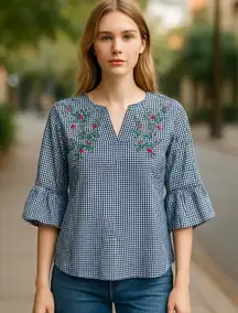 NWOT Marc New York Gingham Embroidered Blouse