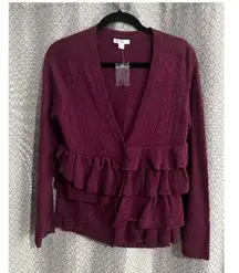Garnet Hill Cardigan Sweater Size Small Burgundy 100% Wool Womens Ruffle