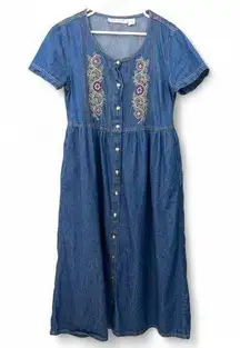 Vintage 90's Jane Ashley | M | Denim Jean Dress Embroidered Midi Women's