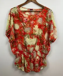 Rafaella Top L Floral Red Green Semi Sheer‎ Smocked Short Dolman Sleeve