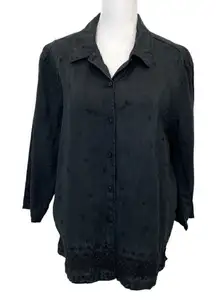 Talbots 100% Irish Linen Embroidered Lace Button Front Shirt Black size Large