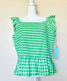 Draper James RSVP Green & White Gingham Smocked Blouse.
