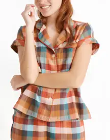 Madewell Womens Bedtime Button Up Cotton Flannel Pajama Top XS Rainbow Check‎