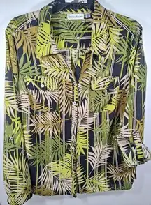 Rebecca Malone Blouse XL Black Green Palm Leaves Roll Up Button Sleeve Side Slit