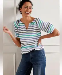 Talbots 100% Linen Split Neck Popover Top Rockport Stripe Women’s Size XS