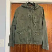 Women's Army Green Military Jacket Size L Hooded Adjustable Waist Casual